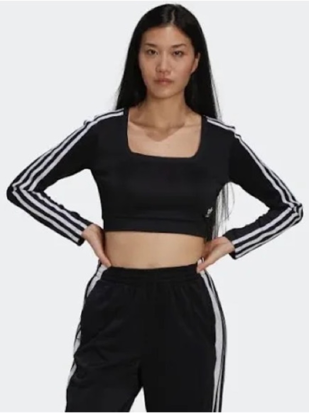 adidas Black Cropped Long-Sleeve Top with White Stripes